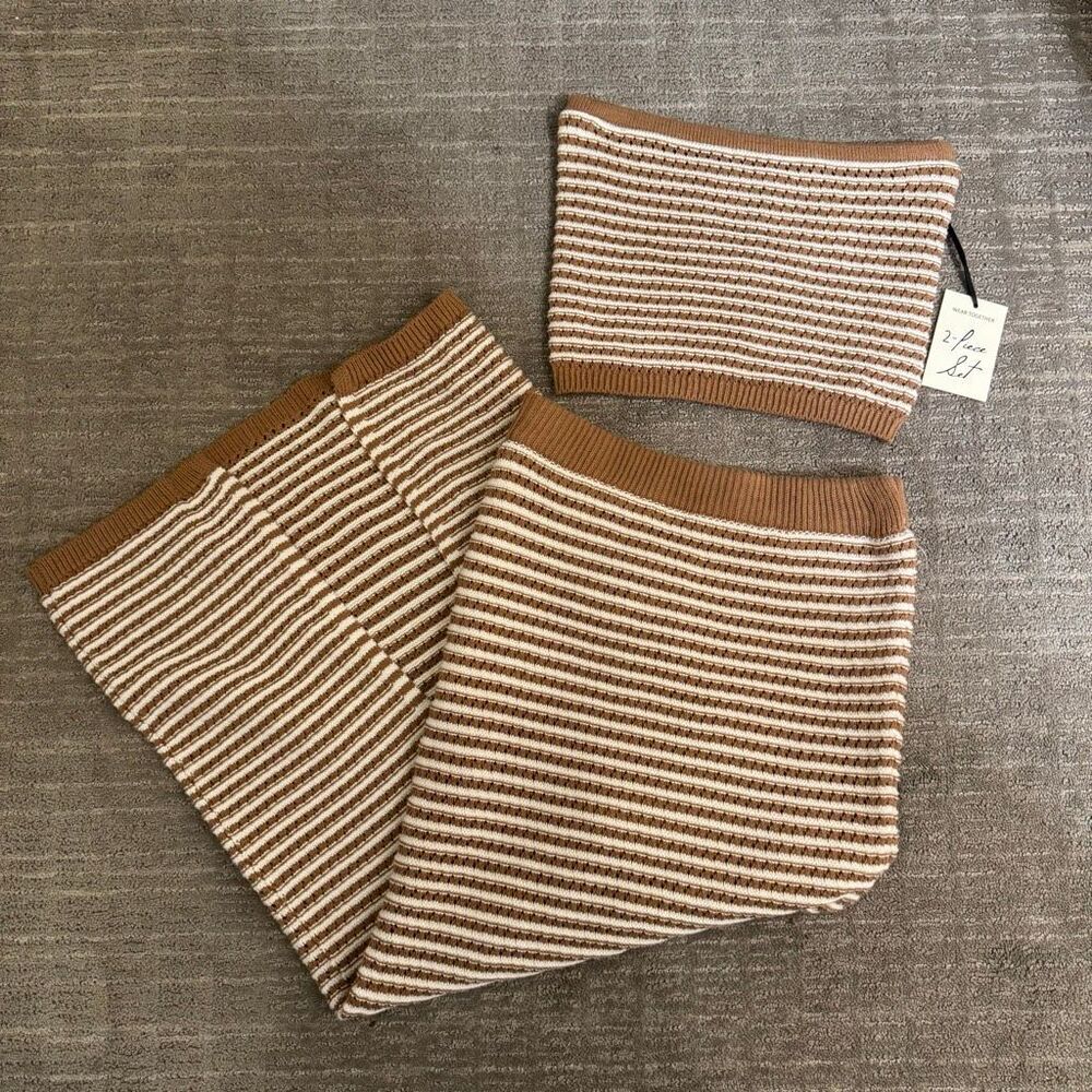 Freshman 1996 Brown Ivory Crochet Knit Striped Maxi Skirt Tube Top Set XS/S